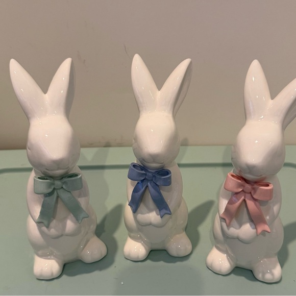 Super Cute Large Ceramic Bunny Figurines with Pastel Bows- Set of 3- NWT - Picture 2 of 6